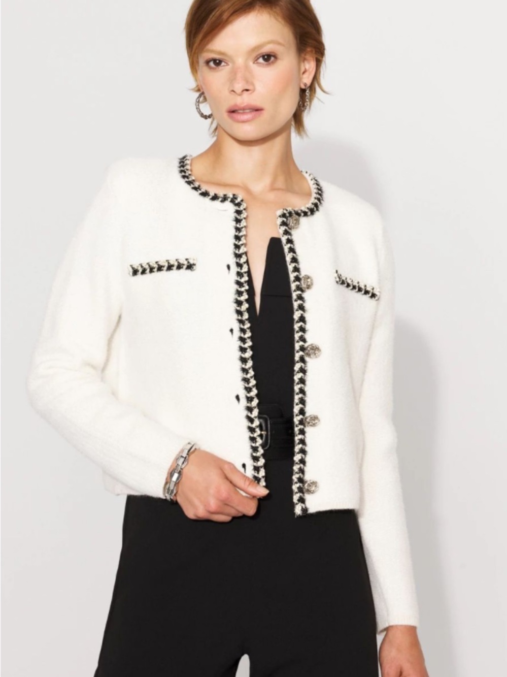 White House Black Market Cream Bouclé Jacket with Black Trim